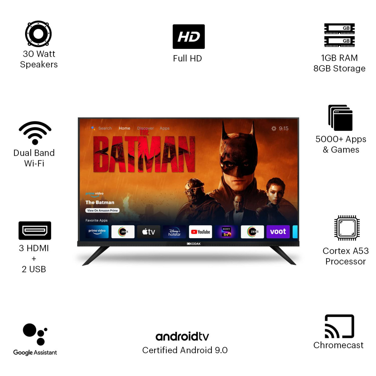 Kodak 106 cm 42 inches Full HD Certified Android Smart LED TV 42FHDX7XPRO Black