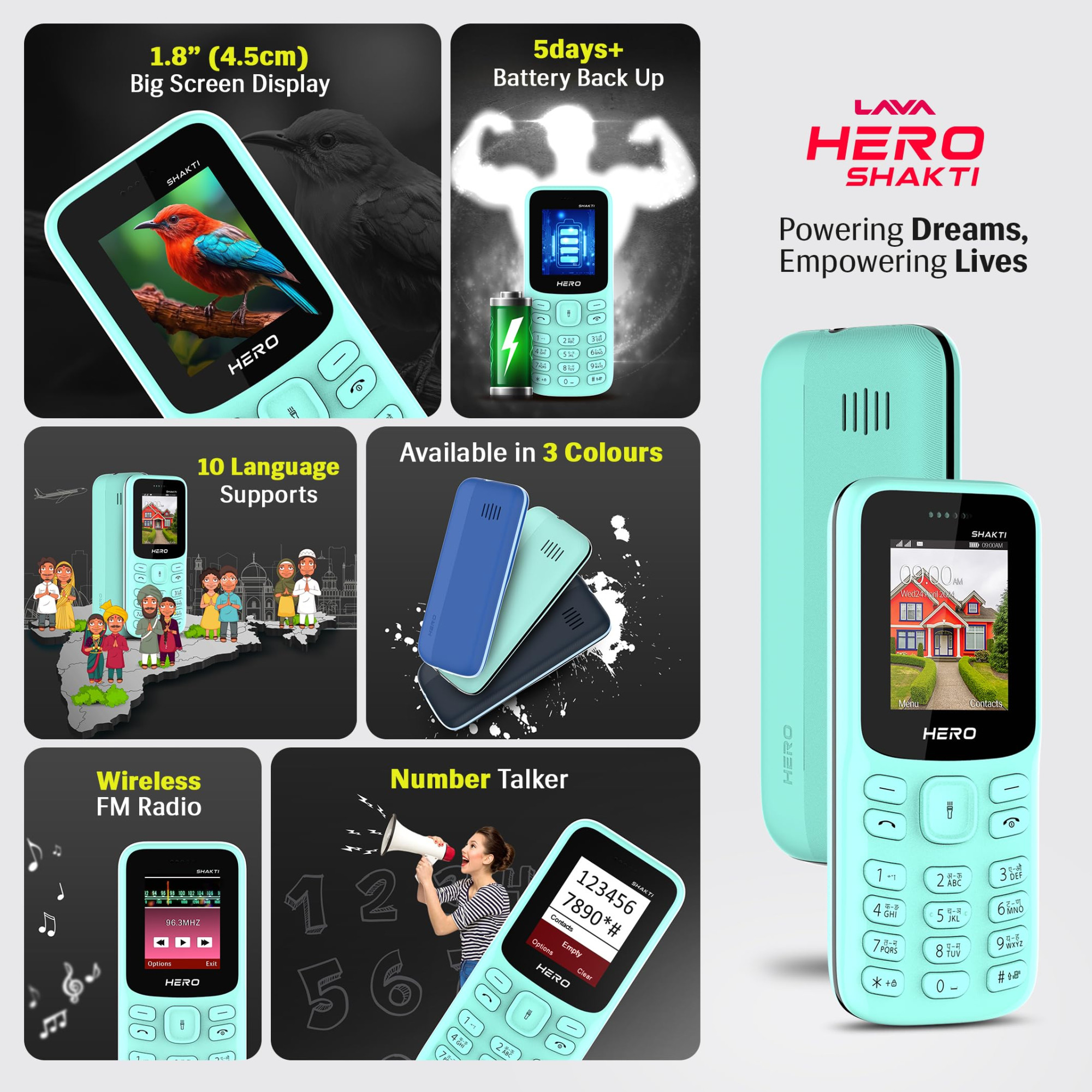 Lava Hero Shakti Dual Sim Keypad Mobile Phone with Vibration Alert  18 Display  Super Saving Battery Mode  Stylish Keypad  Sturdy Build  Number Talker  Mint Green