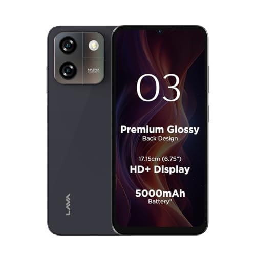 Lava O3 Glossy Black 4 GB RAM 64 GB Storage  Biggest 675 HD Display  13MP AI Dual Rear Camera  5000 mAh Battery  Secure Face Unlock  Fingerprint Reader  Charger  Phone-Cover in Box