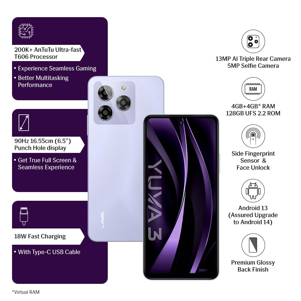 Lava Yuva 3 Cosmic Lavender 44GB  128GBSegments Most Affordable Smartphone with 128 GB UFS 22 Storage  90Hz Punch Hole Display13MP AI Triple CameraSide Fingerprint Sensor Bloatware Free