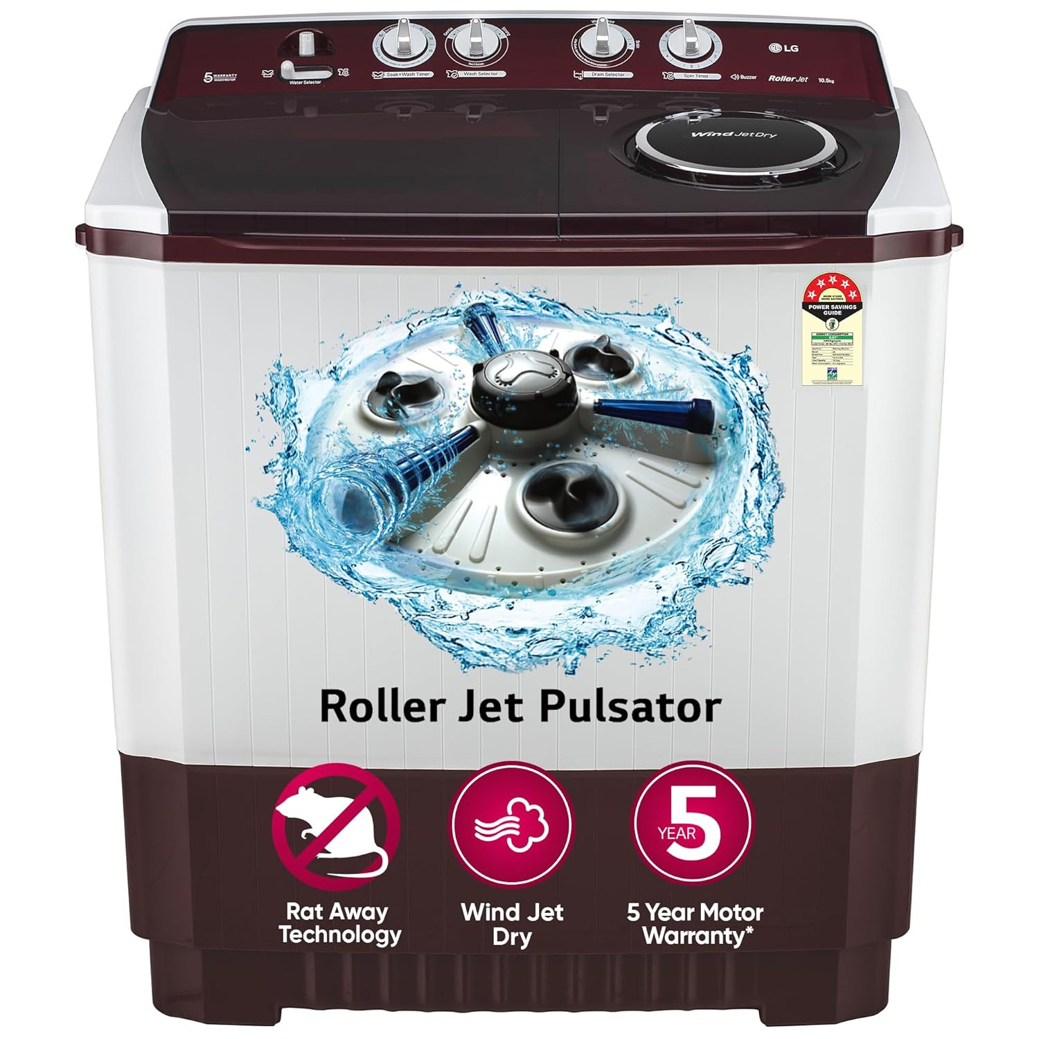 LG 105 kg 5 Star Wind jet dry Semi-Automatic Top Load Washing Machine P105ASRAZ Burgundy Roller Jet Pulsator