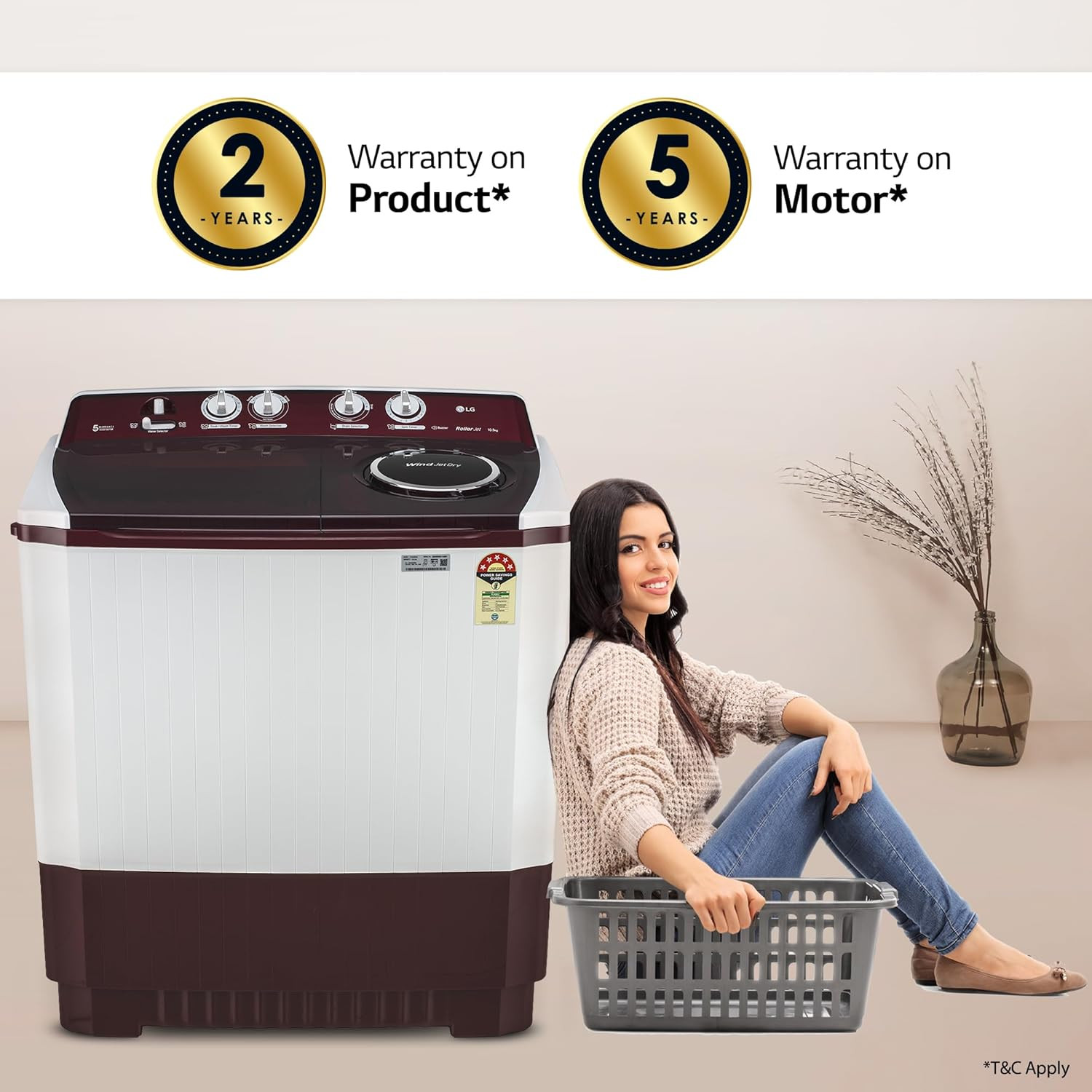 LG 105 kg 5 Star Wind jet dry Semi-Automatic Top Load Washing Machine P105ASRAZ Burgundy Roller Jet Pulsator