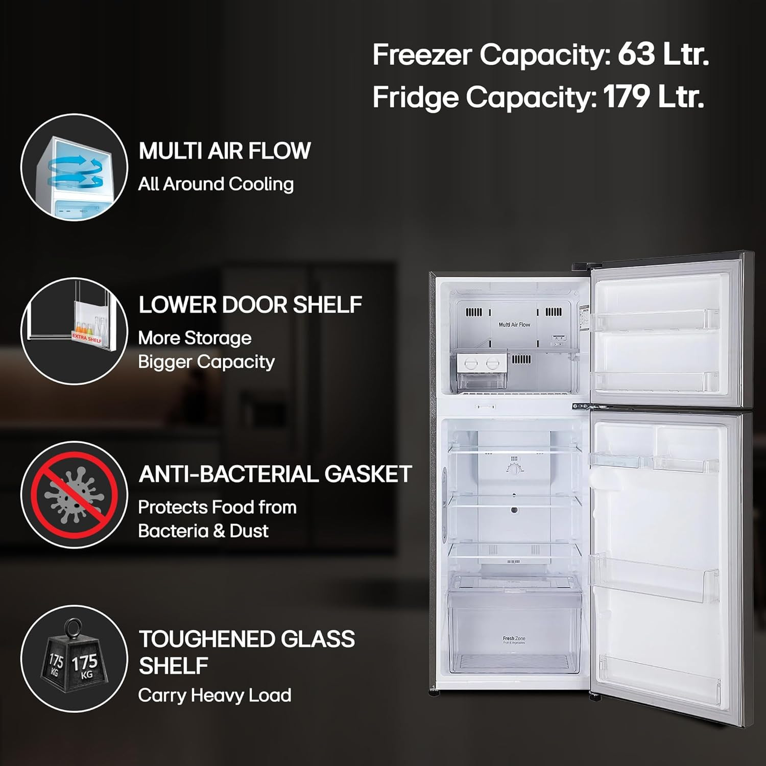 LG 242 L 3 Star Smart Inverter Frost-Free Double Door Refrigerator GL-I292RPZX Shiny Steel Door Cooling