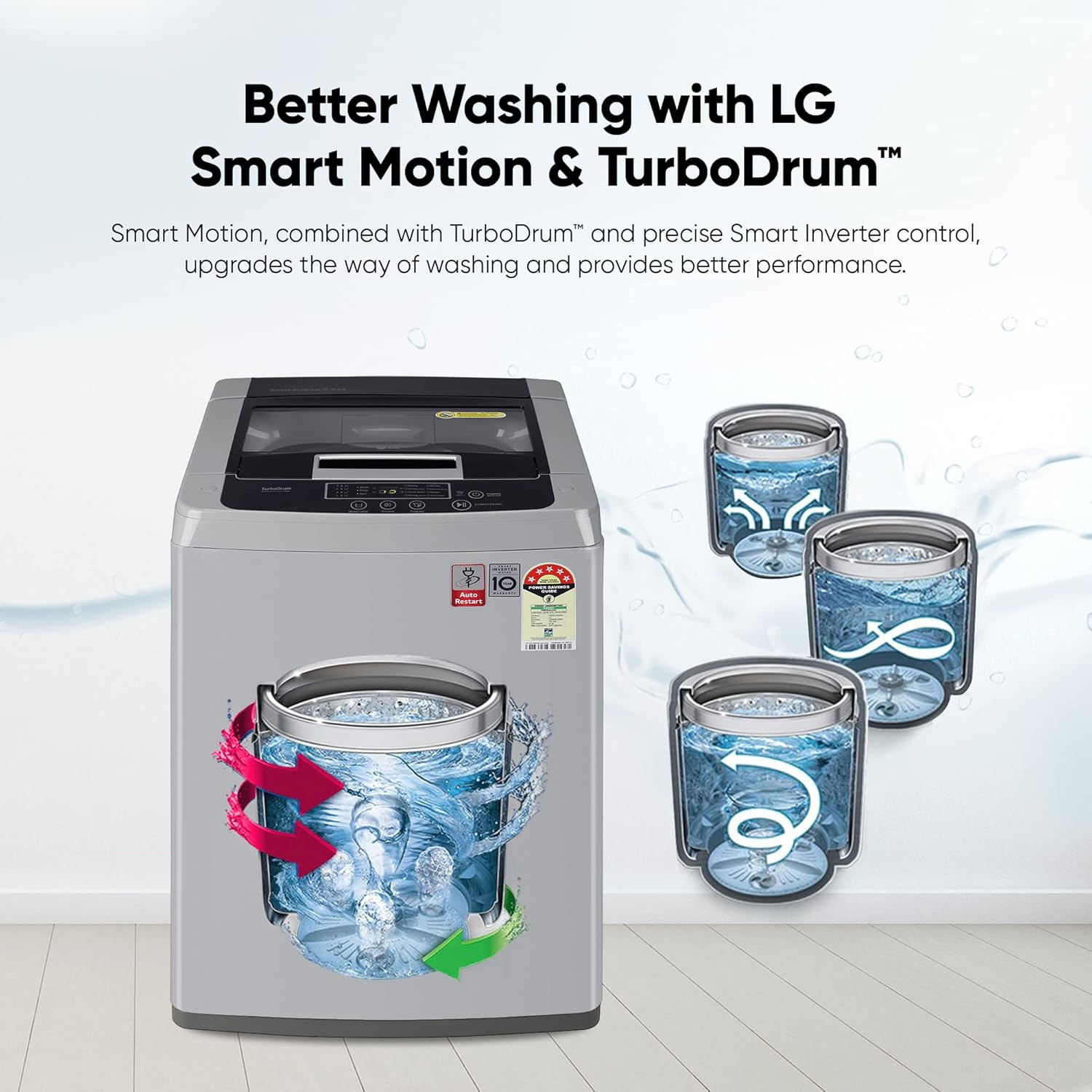 LG 65 Kg 5 Star Inverter Turbodrum Fully Automatic Top Loading Washing Machine T65SKSF4Z 3 Smart Motion Tub Clean Middle Free Silver