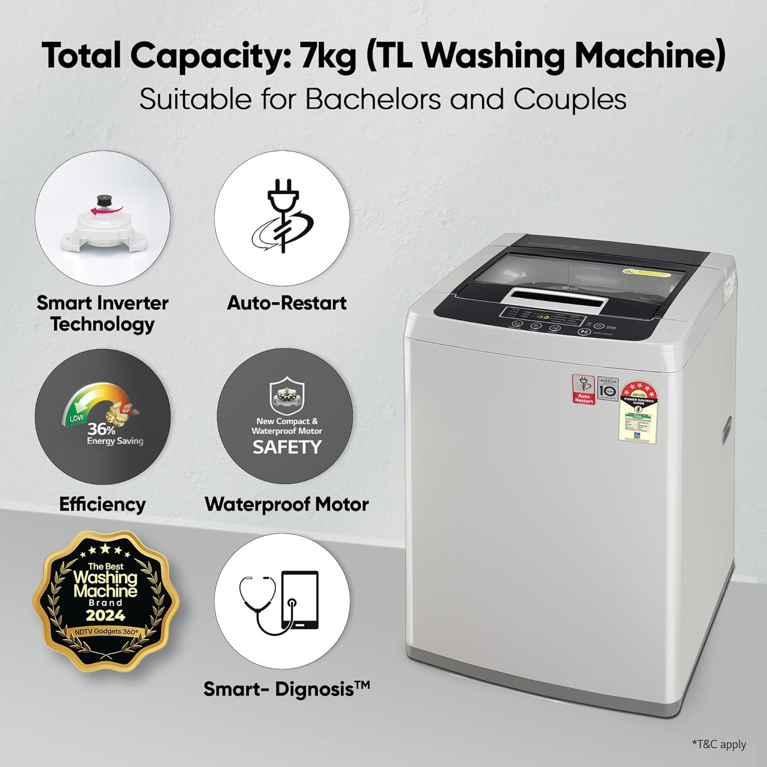 LG 7 Kg 5 Star Inverter TurboDrum Fully Automatic Top Loading Washing Machine T70SKSF1Z Waterfall Circulation Smart Motion Middle Free Silver