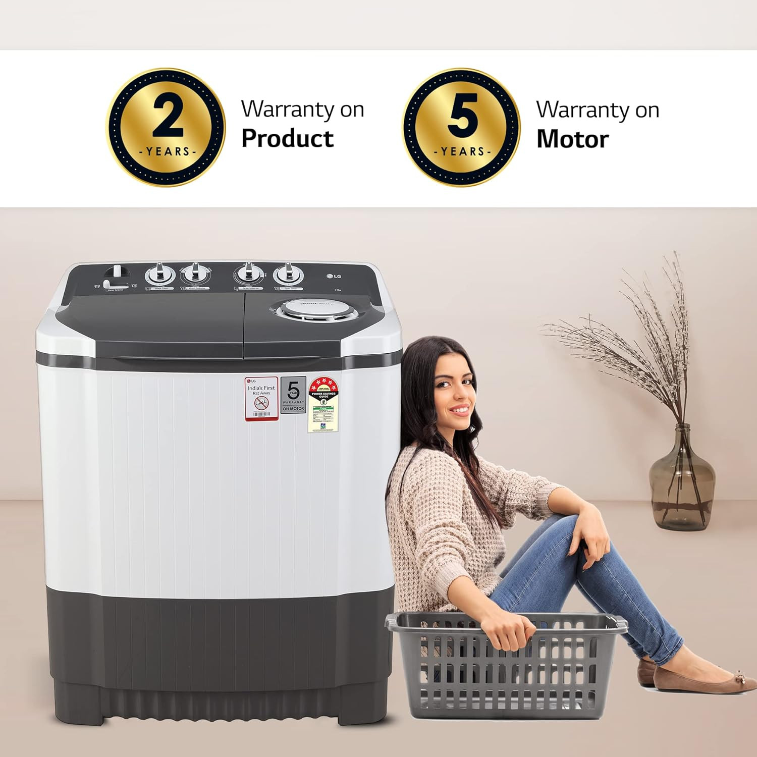 LG 7 Kg 5 Star Wind Jet Dry Semi-Automatic Top Loading Washing Machine P7020NGAZ Dark Gray Rat Away Feature