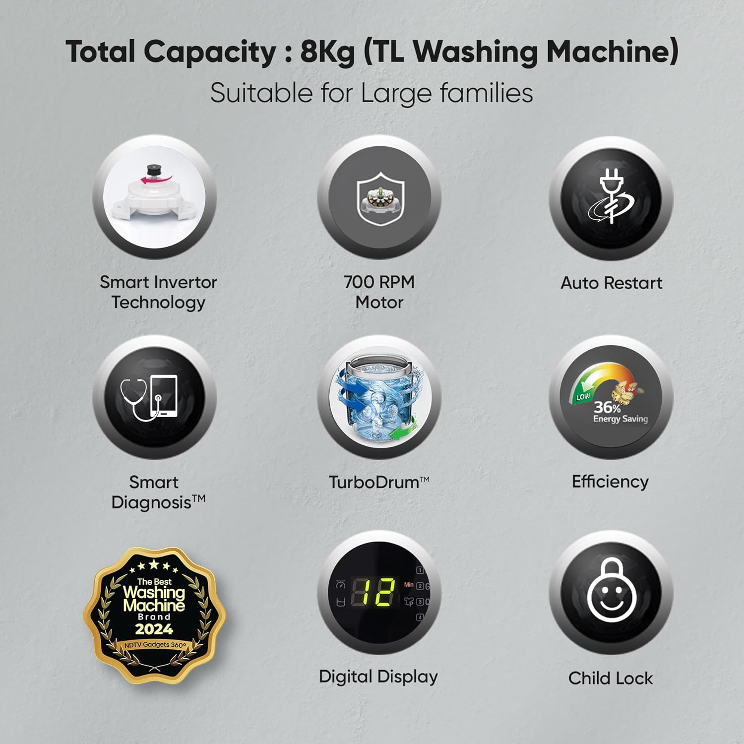 LG 8 Kg 5 Star Smart Inverter Technology TurboDrum Fully Automatic Top Loading Washing Machine T80SKSF1Z Smart Diagnosis Digital Display Middle Free Silver