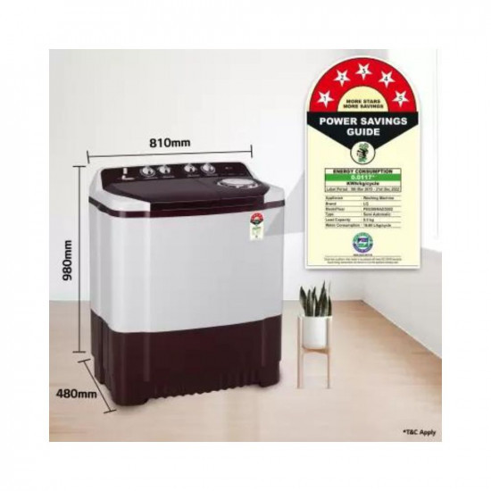 LG 85 kg 5 Star with Roller Jet Pulsator with Soak Wind Jet Dry and Collar Scrubber Semi Automatic Top Load Washing Machine Maroon White P8530SRAZ