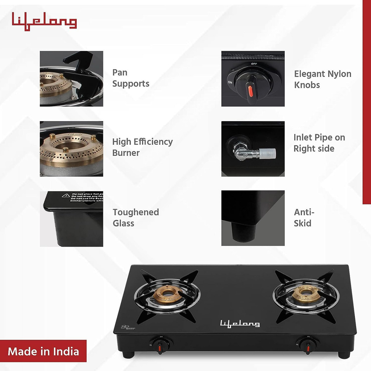 Lifelong 2 Burner Gas Stove Top for Kitchen - Automatic Ignition Cooktop Modern Glass Stove