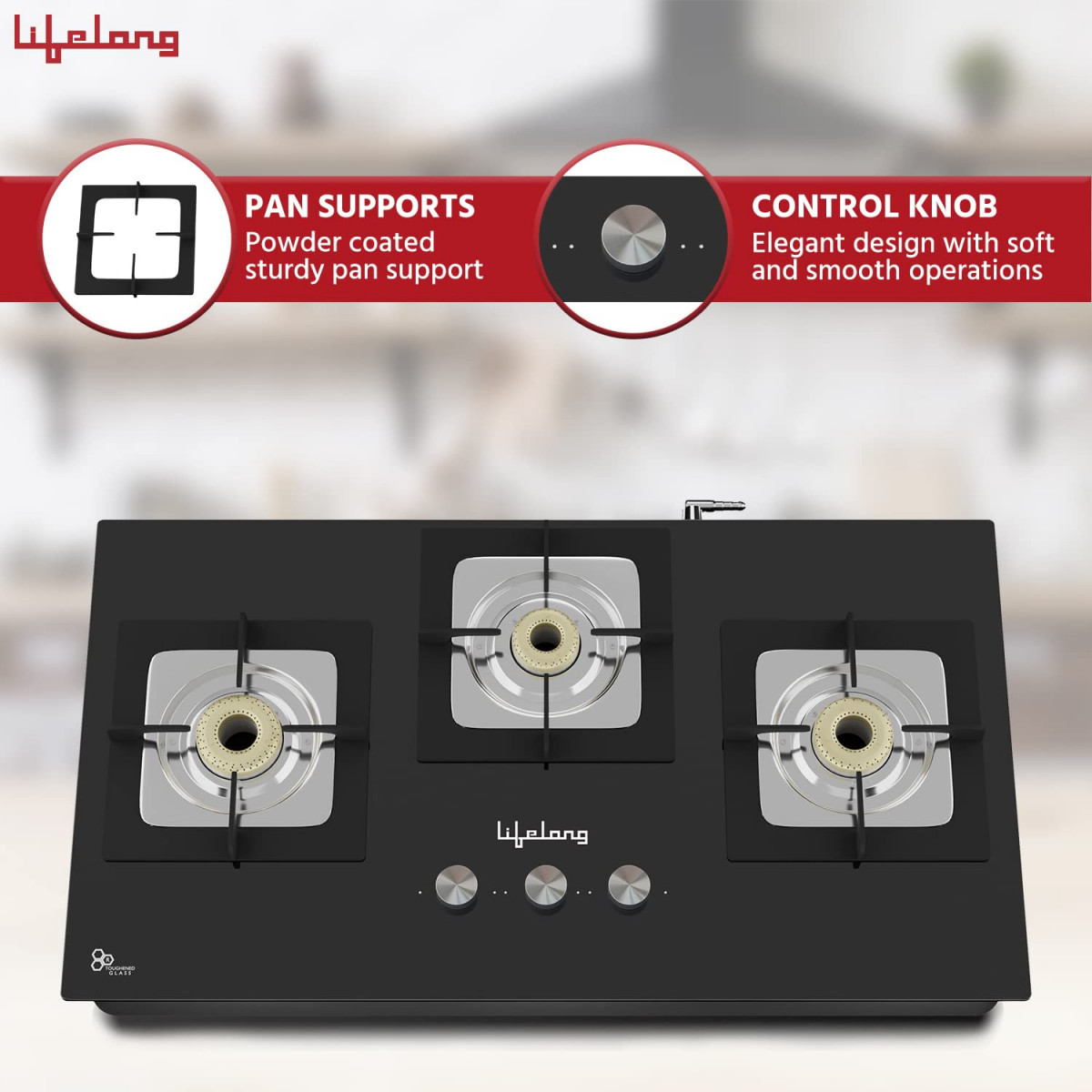 Lifelong 3 Gas Burner Top - 3 Burners Hob Top Gas Stove with Manual Ignition - Toughened Glass top Gas Stoves for Home  Kitchen - Manual Gas stove for modernmodular kitchen Lexus LLHT003