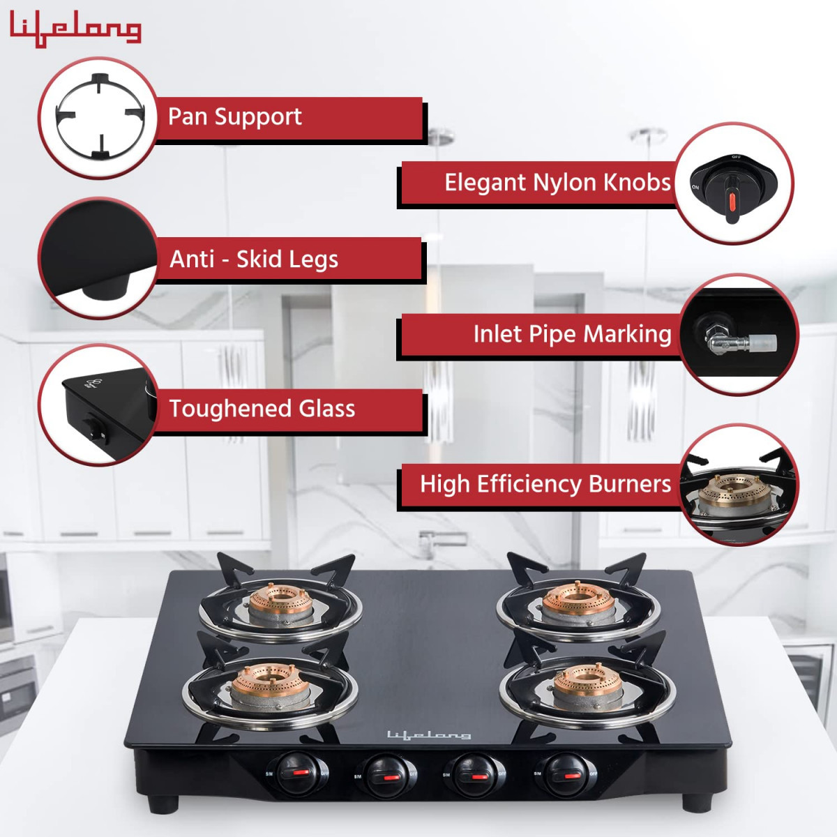 Lifelong 4 Burner Gas Stove Top for Kitchen - Manual Ignition Cooktop Modern Glass Stove for Modular Kitchen with Toughened Glass ISI Certified  Compatible with LPG - 1 Year Manufacturer039s Black