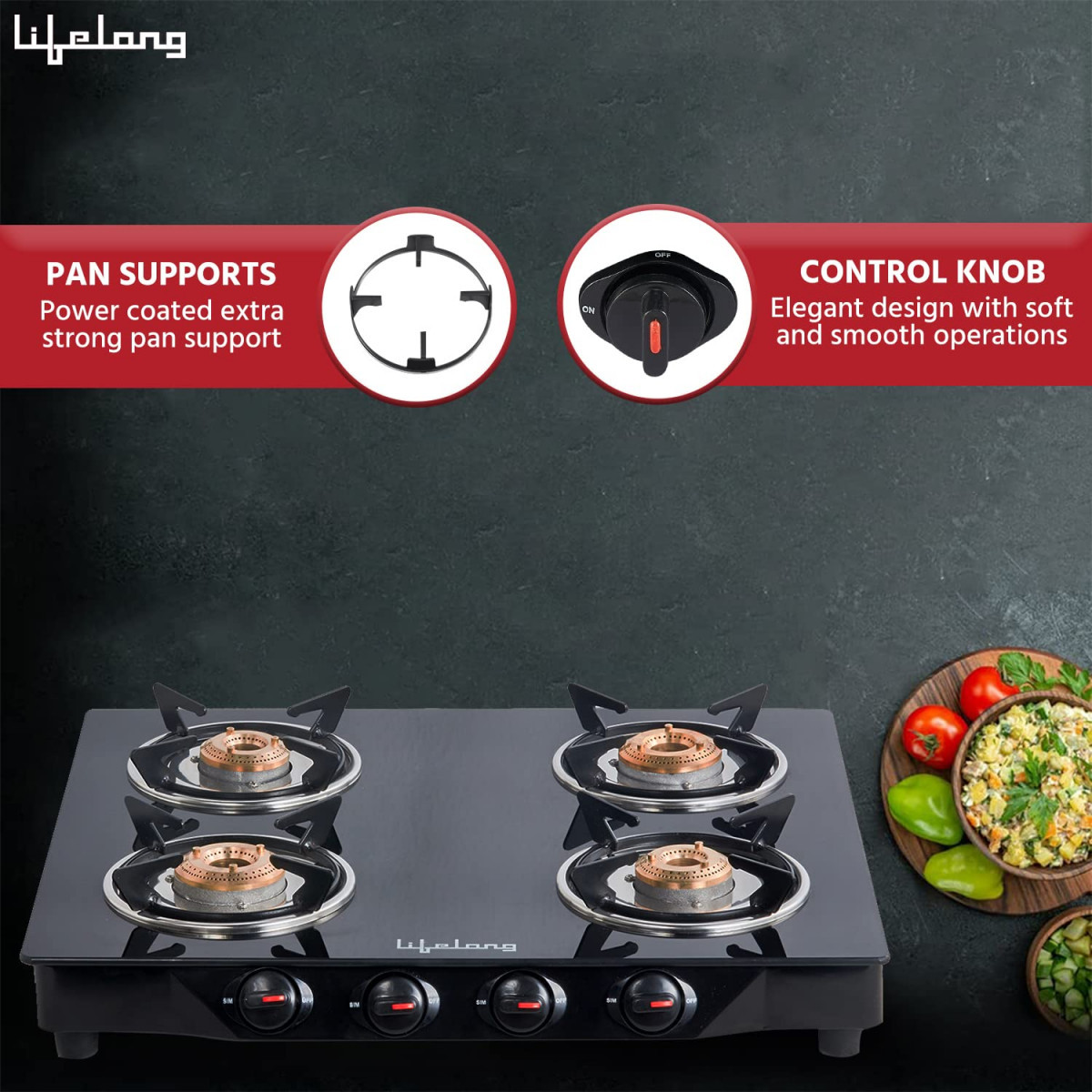 Lifelong 4 Burner Gas Stove Top for Kitchen - Manual Ignition Cooktop Modern Glass Stove for Modular Kitchen with Toughened Glass ISI Certified  Compatible with LPG - 1 Year Manufacturer039s Black