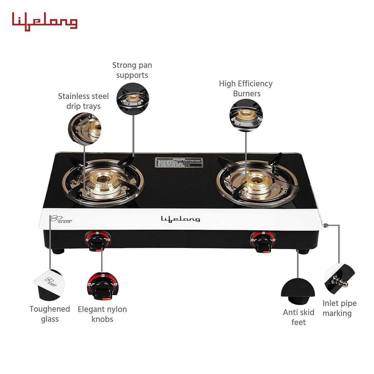 Lifelong Glass Top 2 Burner Gas Stove  Premium Design Brass Burner Toughened Glass High Thermal EfficiancyManual Black and White LLGS211 ISI Certified