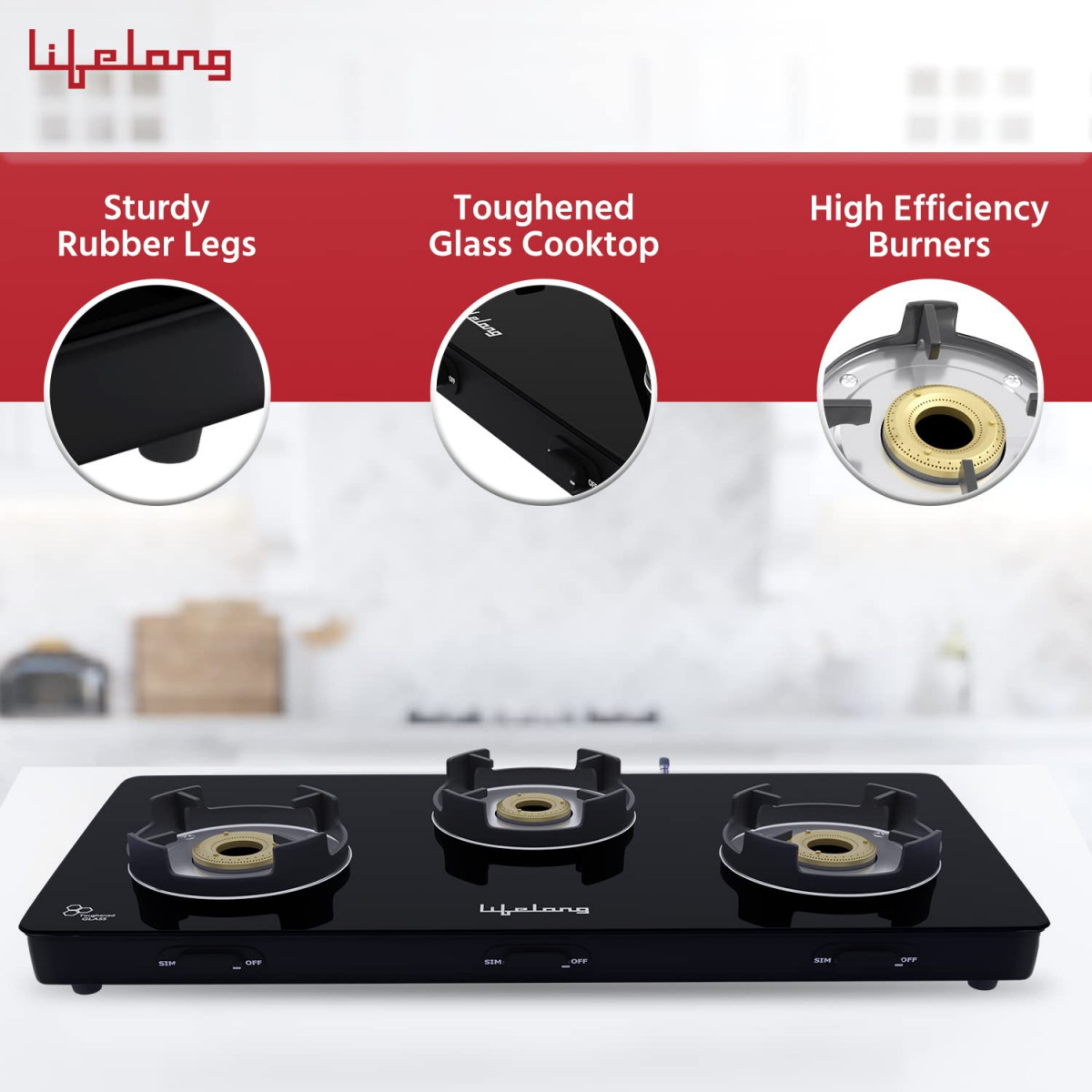 Lifelong LLGS50 Acer Manual Ignition High Efficiency 3 Burner Premium Gas Stove with Toughened Glass Top ISI Certified For LPG Use 1 Year Warranty Doorstep Service Black
