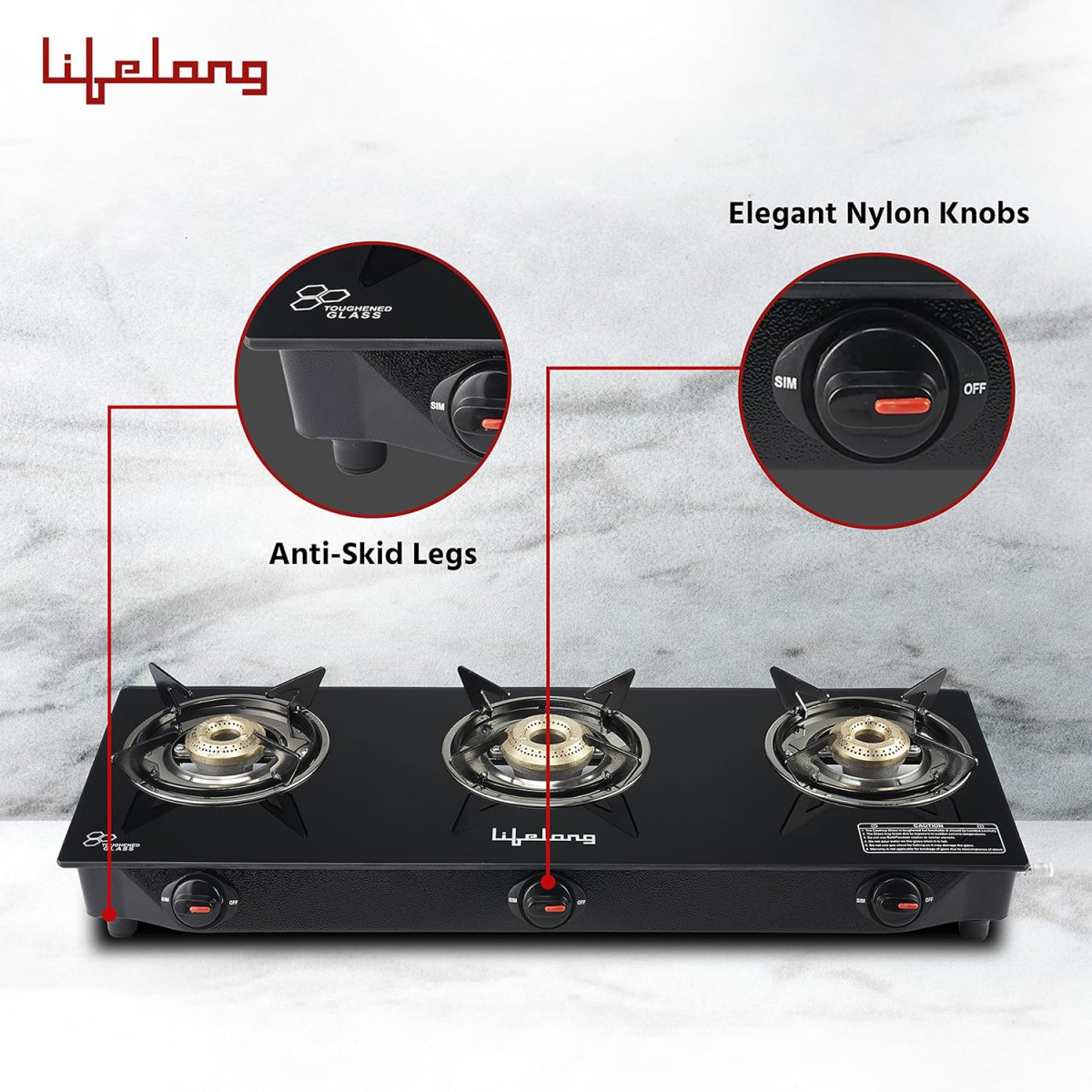 Lifelong LLGS930 Manual Ignition High Efficiency 3 Burner Gas Stove with Toughened Glass Top ISI Certified For LPG Use 1 Year Warranty Doorstep Service Black