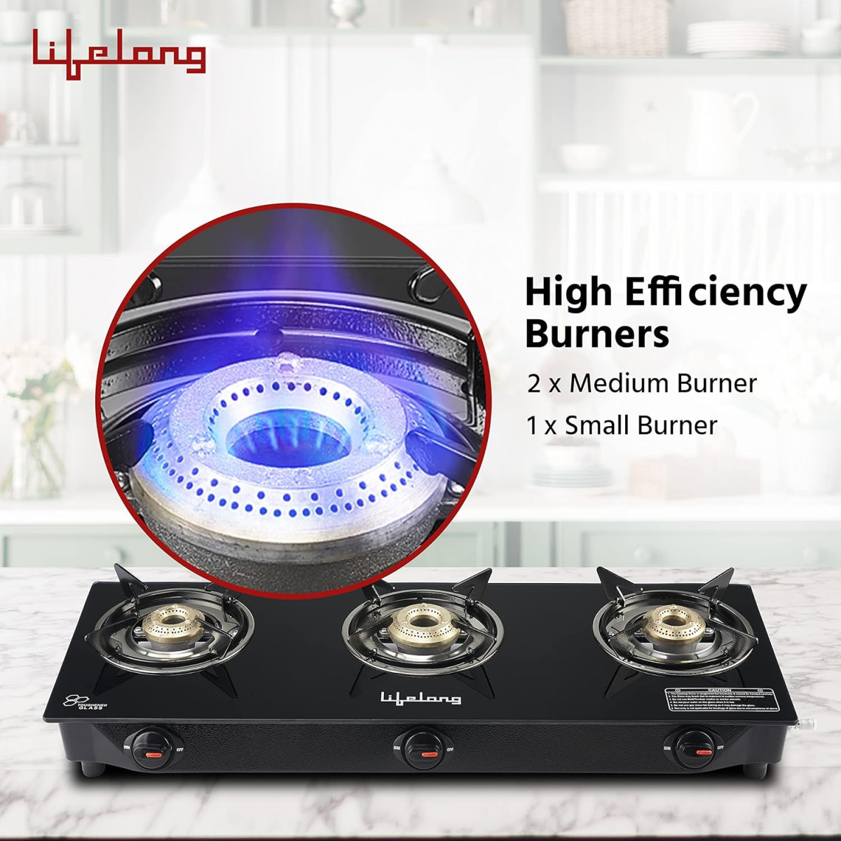 Lifelong LLGS930 Manual Ignition High Efficiency 3 Burner Gas Stove with Toughened Glass Top ISI Certified For LPG Use 1 Year Warranty Doorstep Service Black