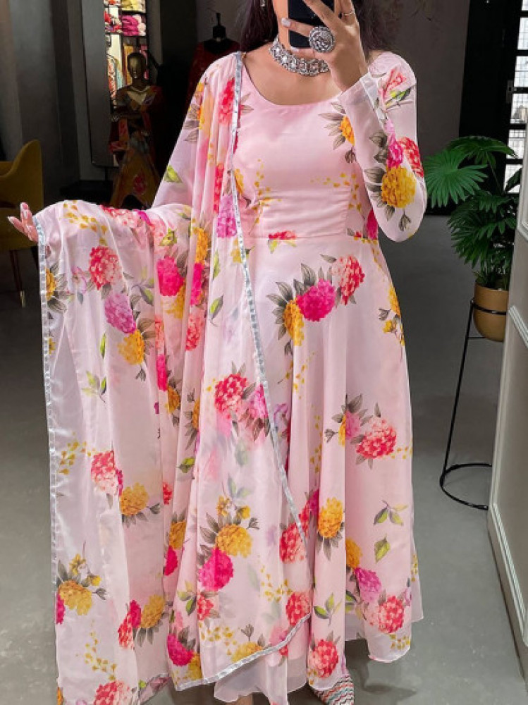 Baby Pink Floral Printed Designer Long Kurti With Dupatta – jusson