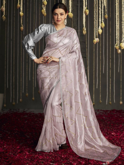 Buy Pink Satin Silk Plain Official Event Wear Saree For Women Online