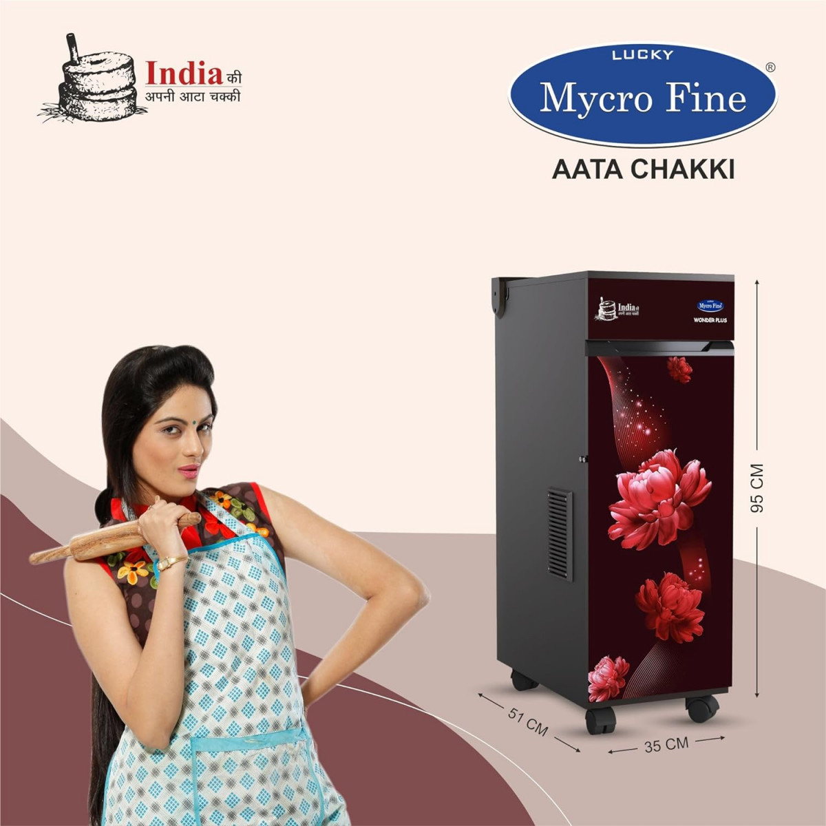 Lucky Brand Mycrofine Wonder Plus Red Rose With Inbuilt Vacuum Aata Chakki Flour Mill 65 Kg Fully Automatic With Ss Rotter Cutter Made In India For Grinding Various Types Of Grains - Stainless Steel