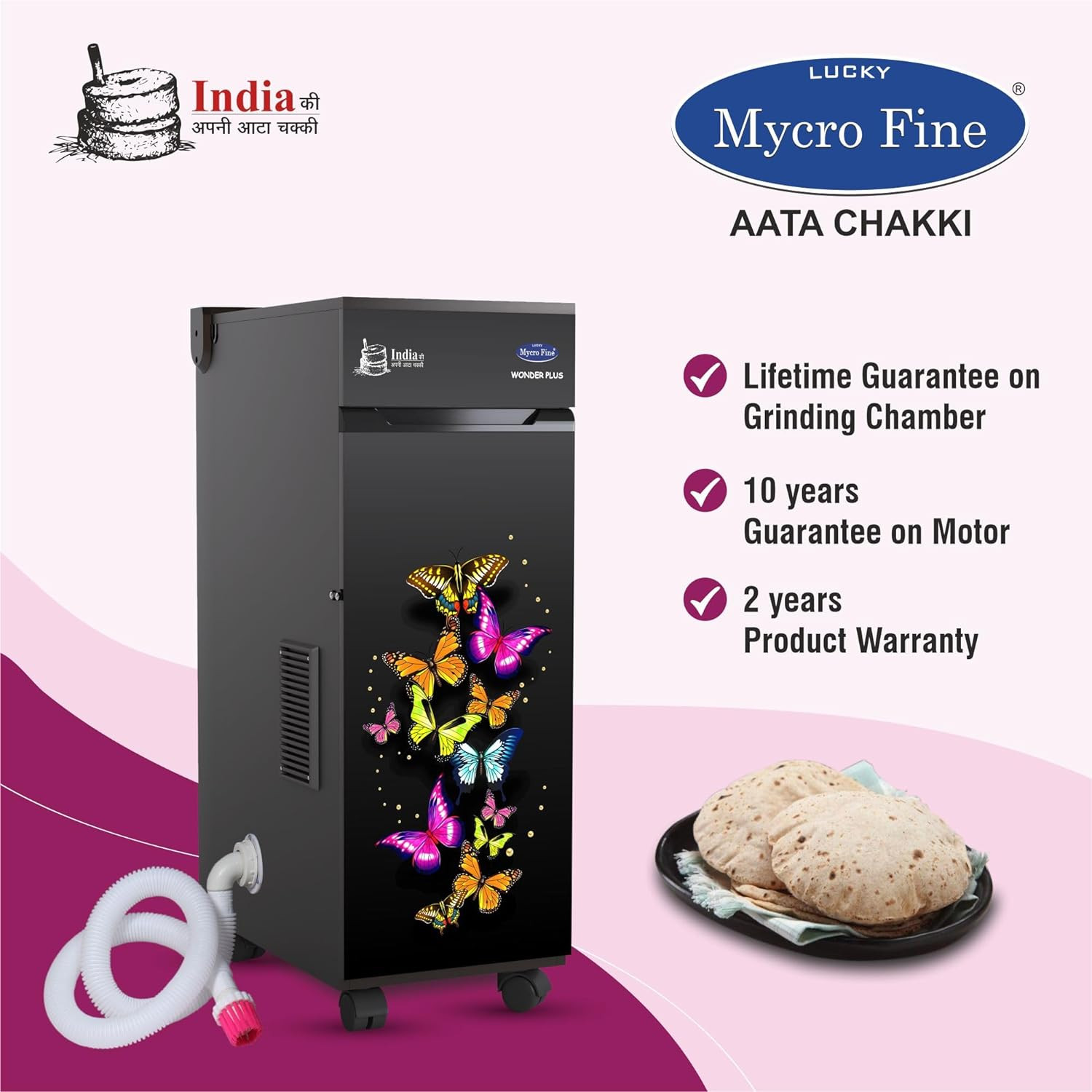 Lucky Mycrofine Wonder Plus Butterfly with inbuilt Vacuum 65 KG Capacity Aata Chakki Flour Mill Fully Automatic with SS Rotter Cutter Best Domestic Made In India for Grinding Various types of Grains