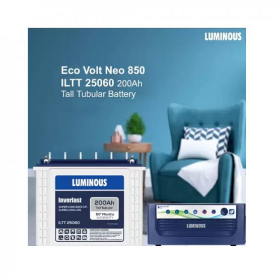 LUMINOUS Inverlast ILTT 25060 200Ah Tall Tubular Battery with Eco Volt Neo 850 Sine Wave Inverter Tubular Inverter Battery 200Ah