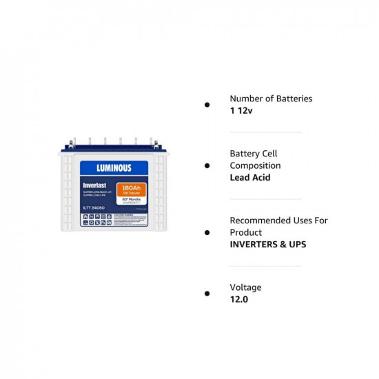 Luminous Inverlast ILTT24060 180Ah Tall Tubular Inverter Battery for Home Office  Shops