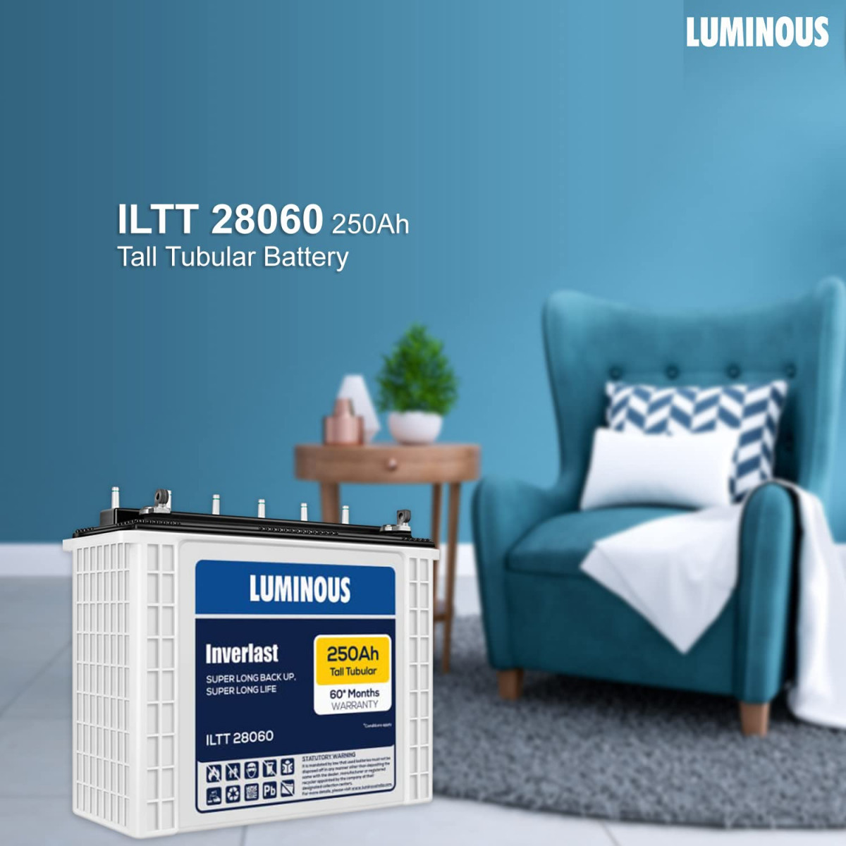 Luminous Inverlast ILTT28060 250 Ah Tall Tubular Inverter Battery with 60 months warranty for Home Office  Shops