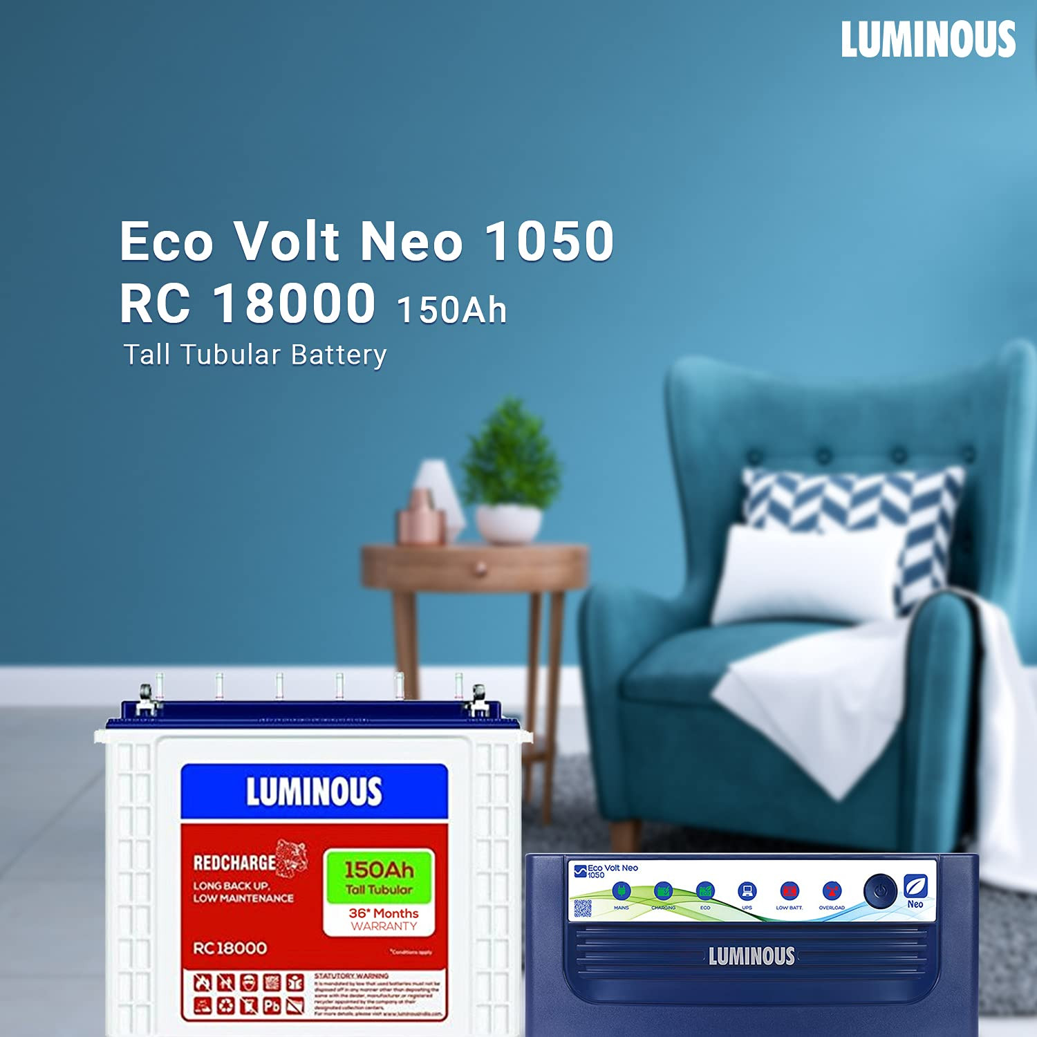 Luminous Inverter  Battery Combo Eco Volt Neo 1050 Pure Sine Wave 900VA12V Inverter Red Charge RC18000 Tall Tubular 150Ah Battery for Home Office  Shops