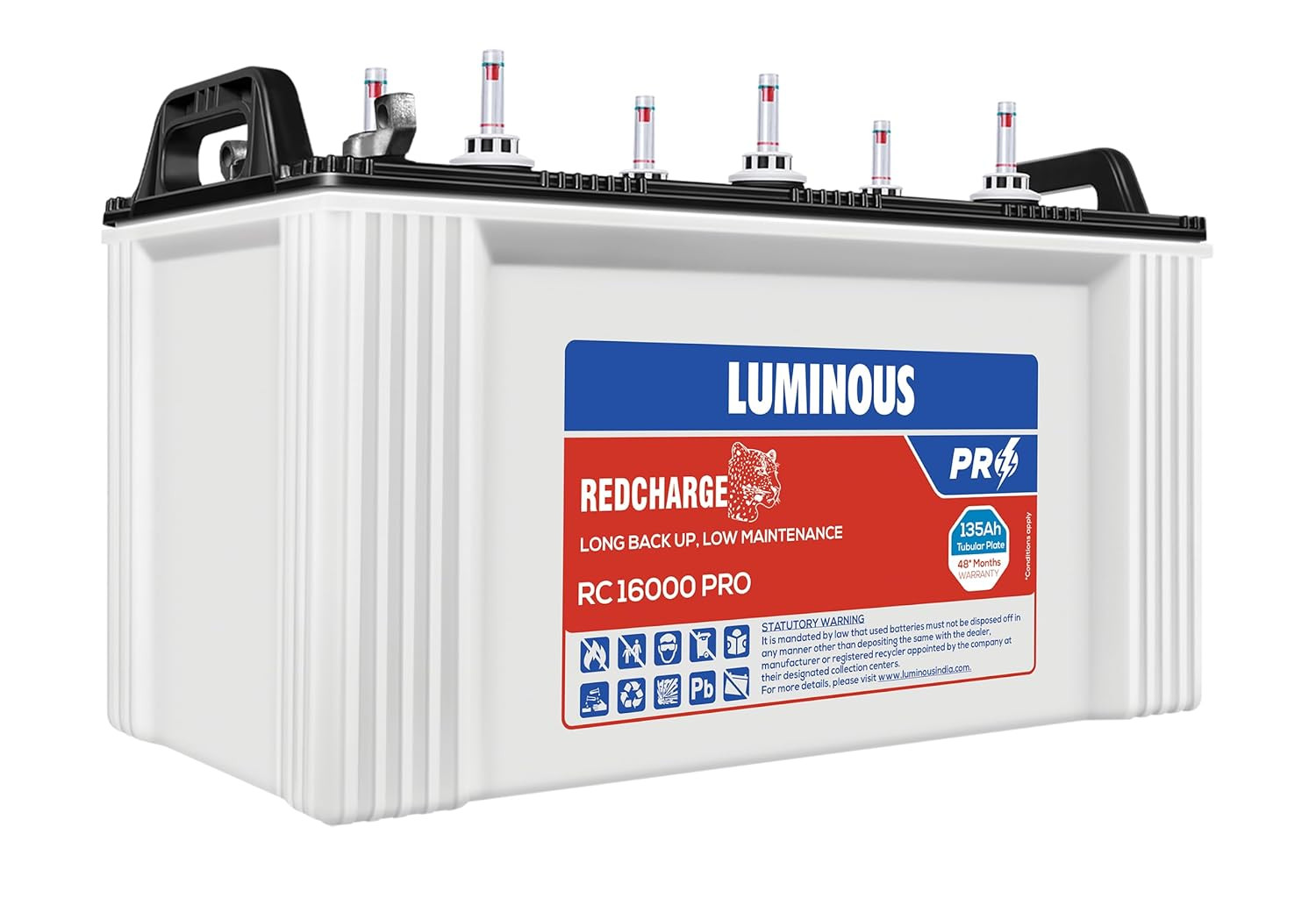 Luminous Red Charge RC 16000 135Ah Short Tubular Battery with 36 months warranty for Home Office  Shops