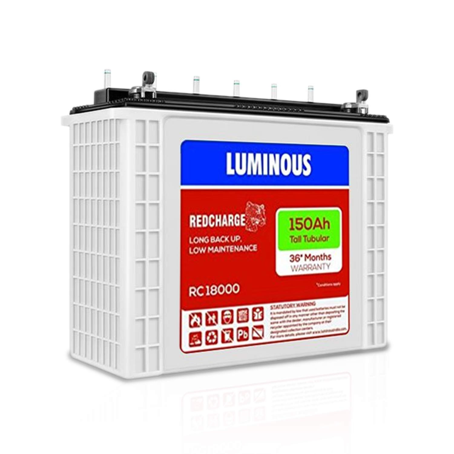 Luminous Red Charge RC 18000 150 Ah Recyclable Tall Tubular Inverter Battery for Home Office  Shops Blue  White