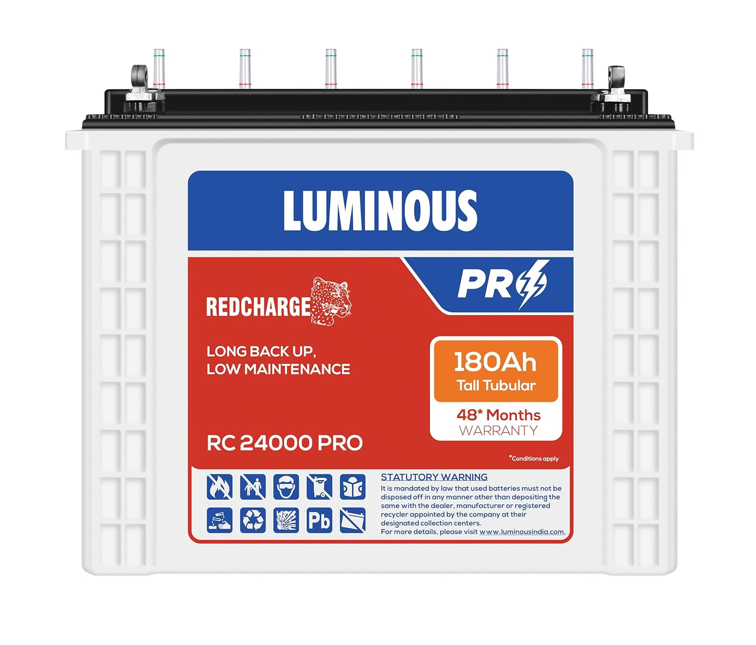 Luminous Red Charge RC 24000 PRO Battery for Home Office  Shops  180 Ah12V Tall Tubular  Easy Installation  Durable and Reliable Inverter Battery  Minimum Maintenance  with 48 Months Warranty