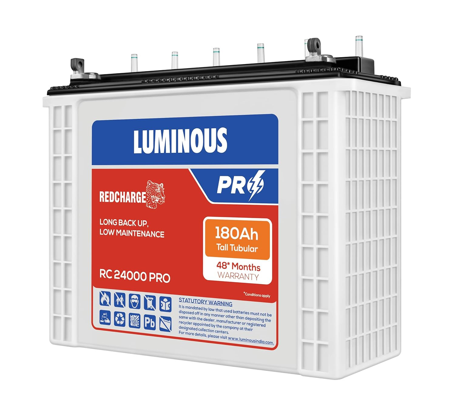 Luminous Red Charge RC 24000 PRO Battery for Home Office  Shops  180 Ah12V Tall Tubular  Easy Installation  Durable and Reliable Inverter Battery  Minimum Maintenance  with 48 Months Warranty