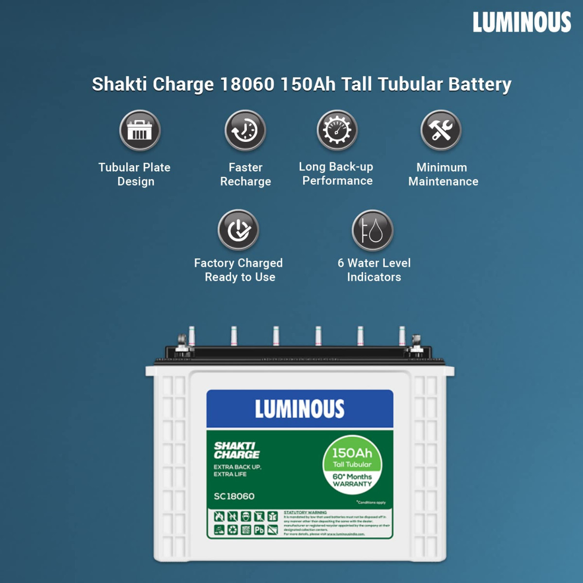 Luminous Shakti Charge SC18060 150Ah Tall Tubular Inverter Battery with 60 Months Warranty for Home Office  Shops