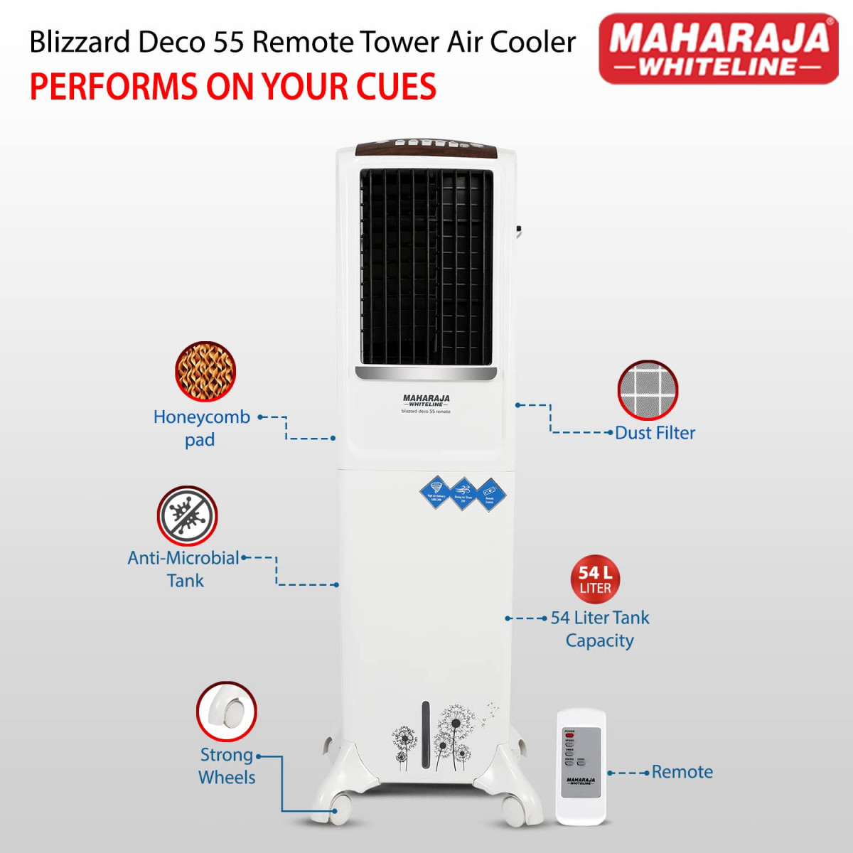 Maharaja Whiteline Blizzard Deco Tower Air Cooler with Remote 54 litre White  Grey