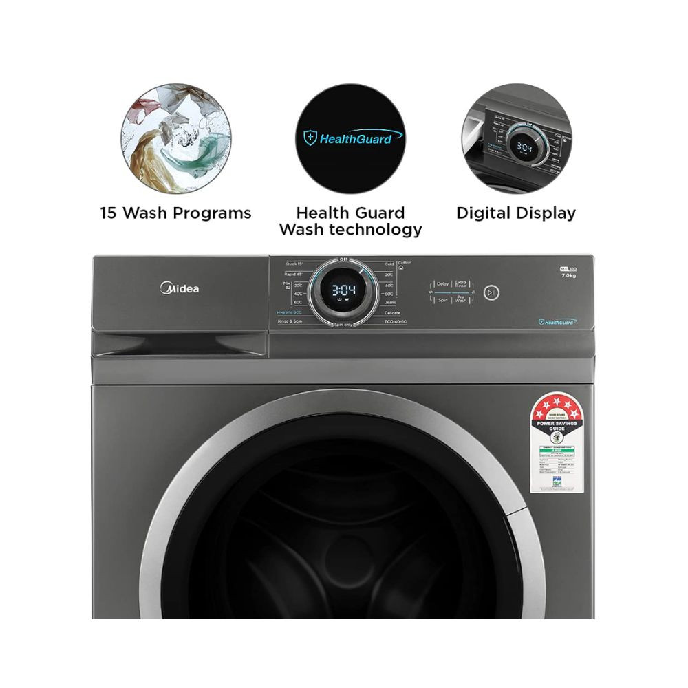 Midea 7 Kg 5 Star Fully Automatic Front Load Washing Machine MF100W70T-IN Silver MF100 Series In-Built Heater