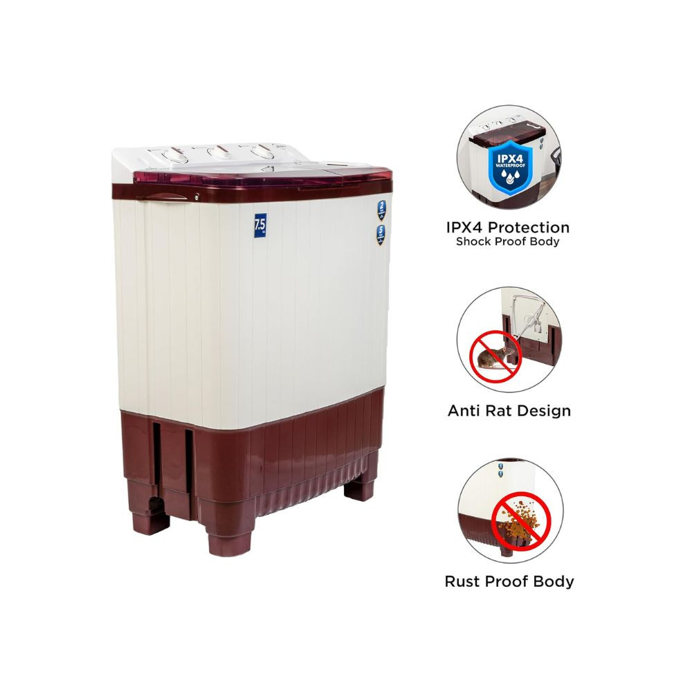 Midea 75 KG Semi Automatic Top Loading Washing Machine Rust proof Body Air Dry Function with 1300 RPM MWMSA075PPG Maroon White