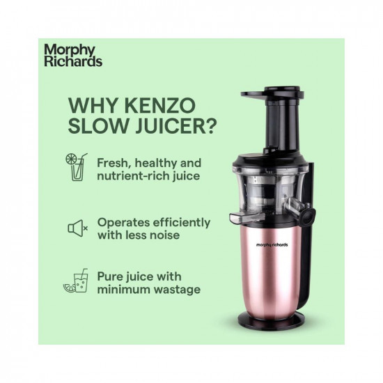 Morphy Richards Kenzo Cold Press Slow Juicer 150 Watts Powerful Dc Motor 60 Rpm Speed With Stainless Steel Filter And Rev Button Rose Gold 150 Watts