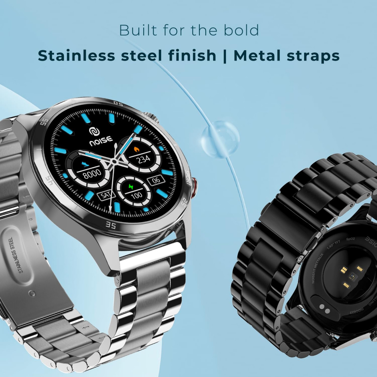 Noise Mettalix 14 Display Bluetooth Calling Smart Watch with Metallic Strap Stainless Steel Finish Functional Crown 7-Day Battery Elite Black