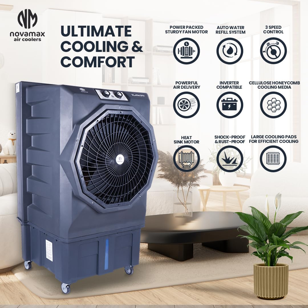 Novamax Rambo 100 L Heavy Duty Desert Air Cooler With 100 Copper Motor High-Density Honeycomb Cooling Pads