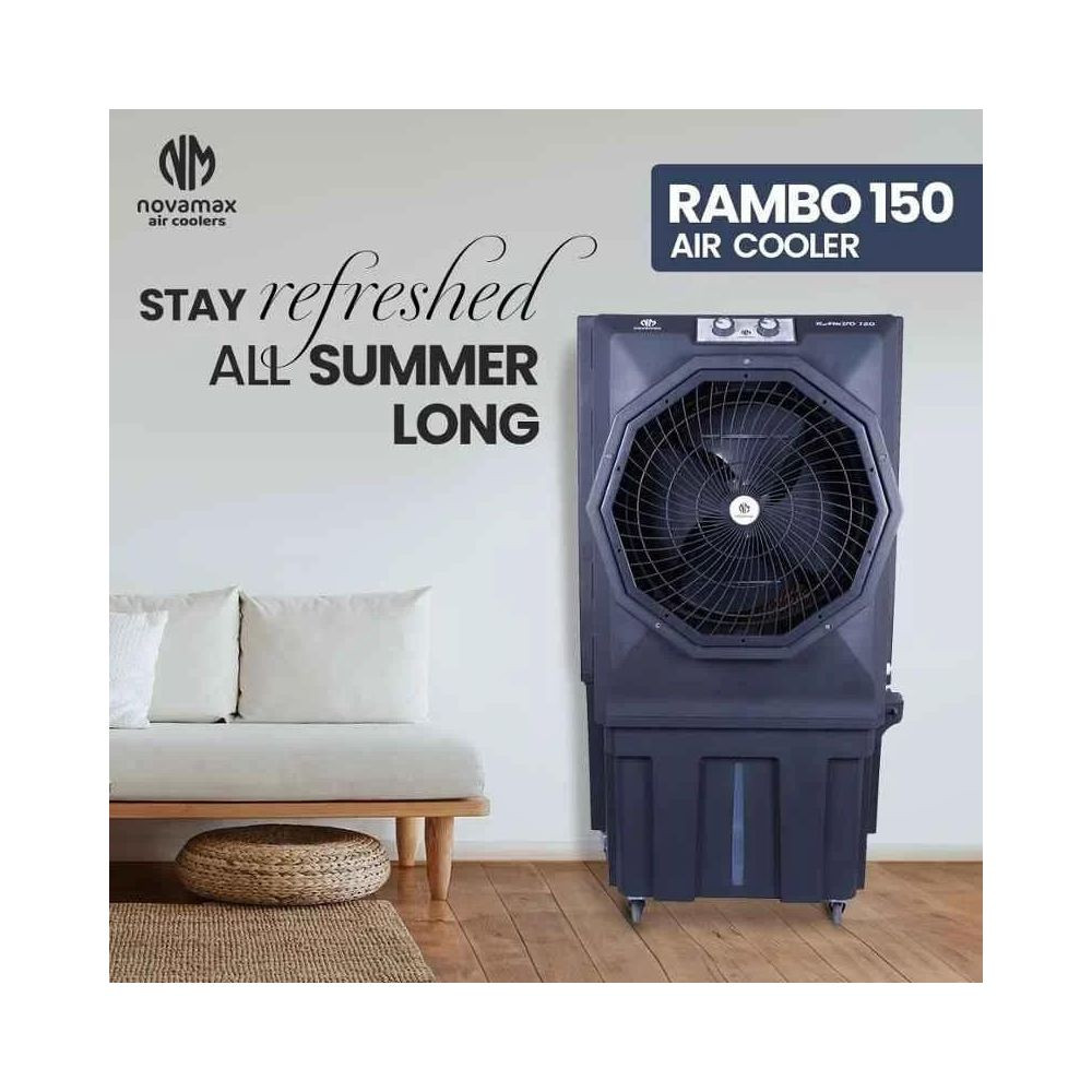 Novamax Rambo-150 150 Litre 8550CMH ABS Dark Grey Honeycomb Evaporative Aluminium Motor Tower Air Cooler Fan Size 20 inch