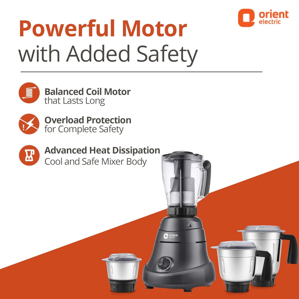 Orient Electric 750W Mixer Grinder with Juicer  Super Power 750 MGSP75B4 4 jar with 3 SS Jars and 1 PC juicing jar with Seive  Longer Life Balanced Coil Motor 5 Years Motor Warranty