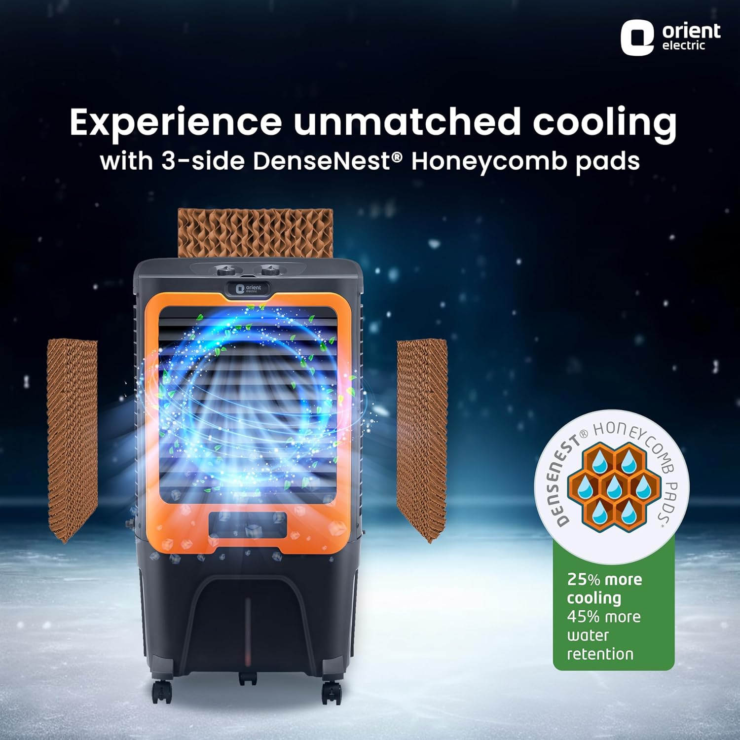 Orient Electric Ultimo 50L Desert Air Cooler with Densenest Honeycomb pads Ice chamber  High Air Delivery  Desert Cooler for home Grey and Orange