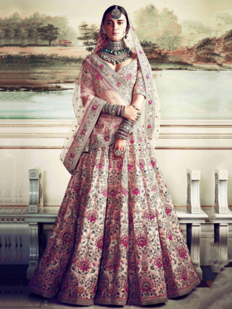 peach embroidered taffeta silk bridal wear lehenga choli 454771 m