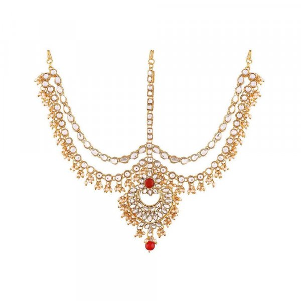 Peora Traditional 18k Gold Plated Red Kundan Pearl Maang Tikka Matha Patti For Women Girls 2963