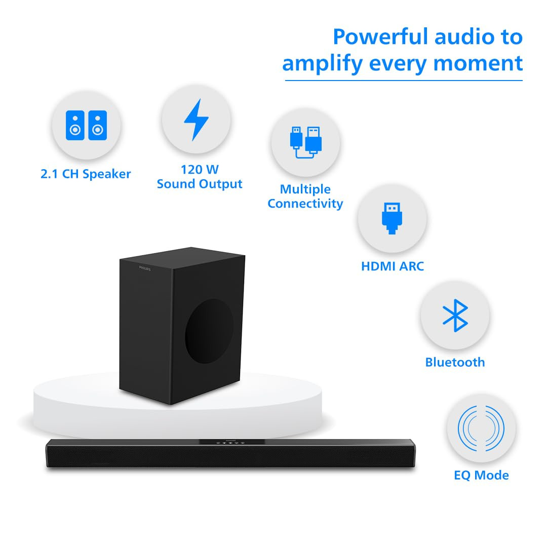 Philips Audio Newly Launched TAB421894 21Ch 120W Bluetooth Soundbar with Rich Bass 3 EQ Modes Multi-Connectivity Option with Supporting USB HDMIARC Optical Coaxial  Aux-in Black