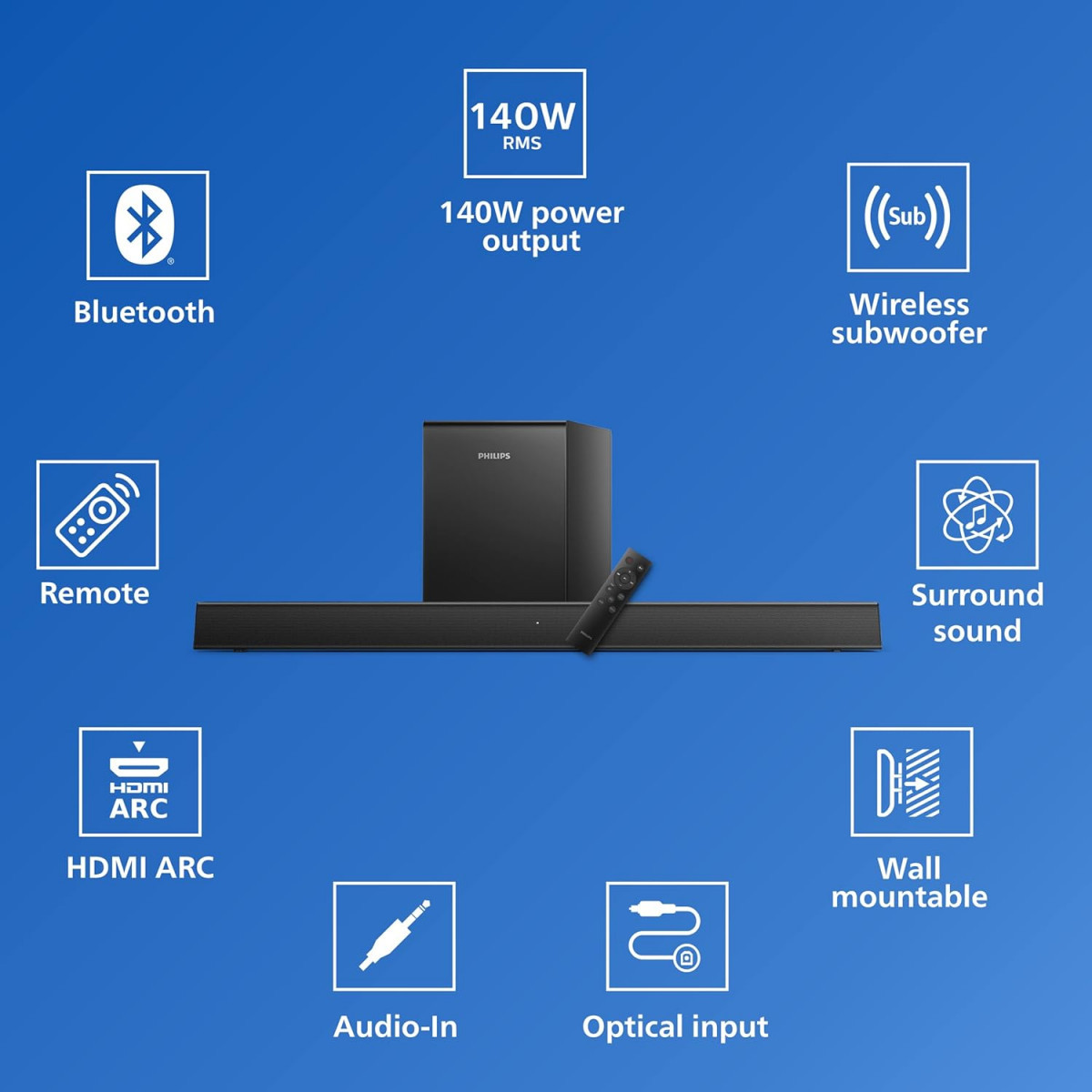 Philips Audio TAB5305 21CH 140W Bluetooth Soundbar with Wireless Subwoofer Multiple Connectivity Metal Grille and Powerful Bass