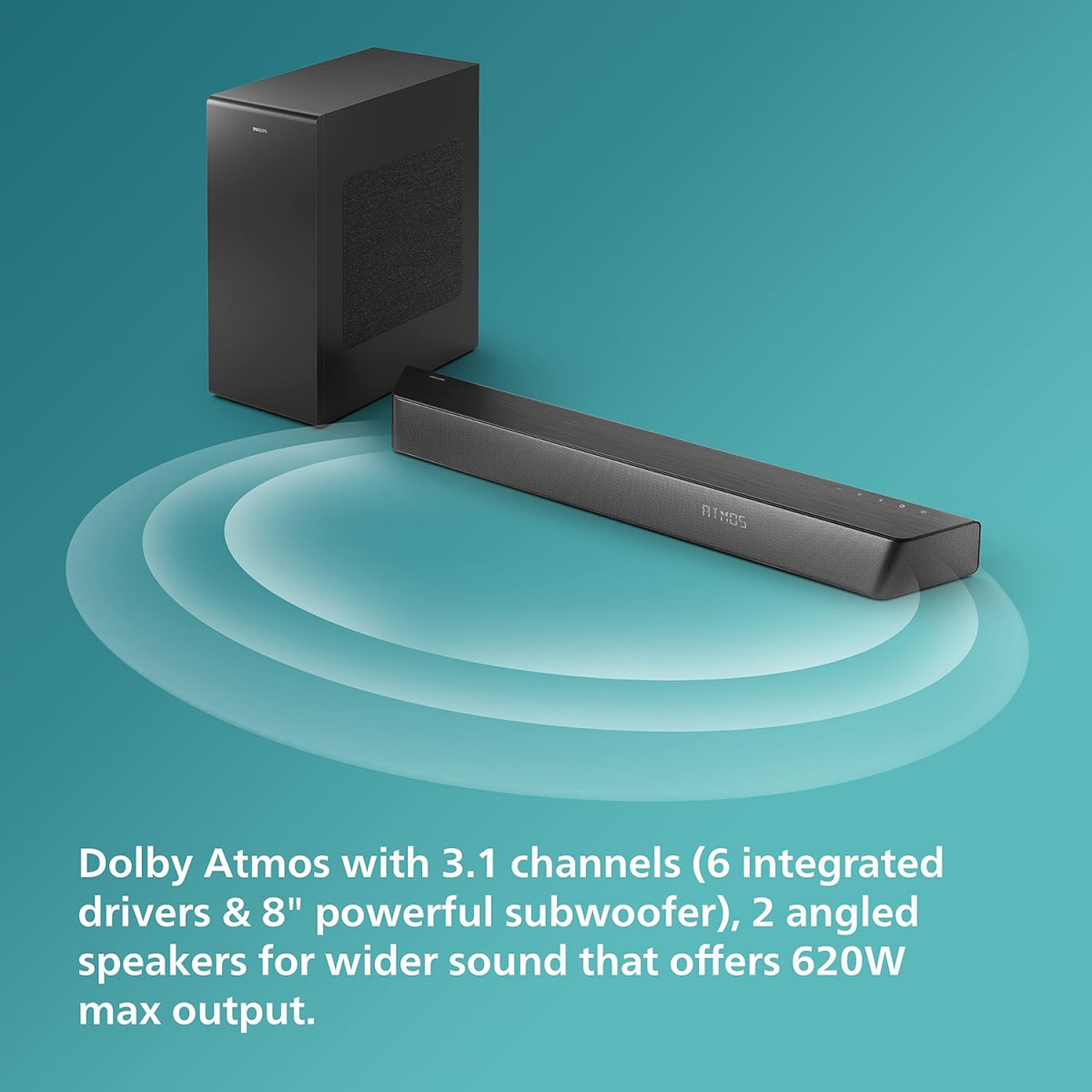 Philips Audio TAB7807 31CH 620W Dolby Atmos Soundbar with Wireless Subwoofer HDMI eARC and USB Input