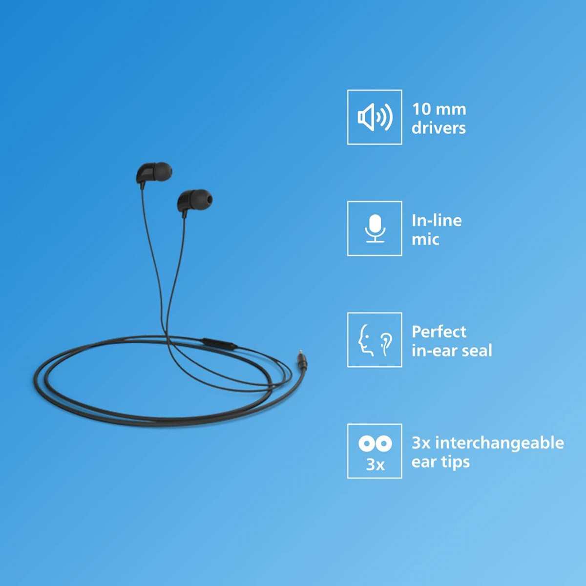 Philips Audio TAE1126 Wired in Ear Earphones with mic 10 mm Driver Powerful bass and Clear Sound Black