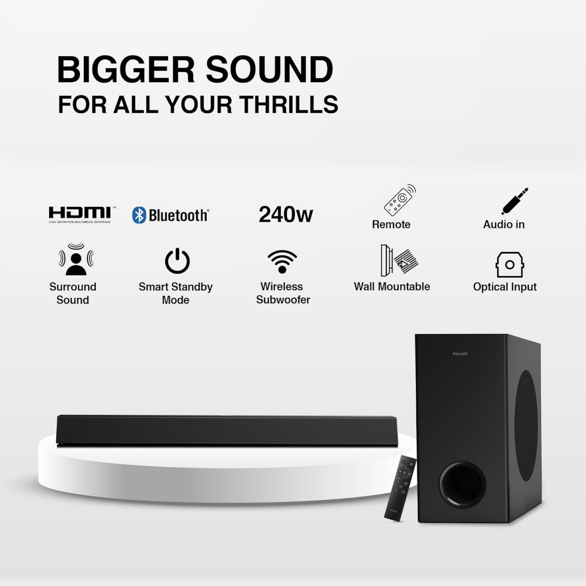 Philips TAB7007 21 CH 240W Dolby Digital Plus Bluetooth Soundbar V53 with Wireless subwoofer Multi-Connectivity Option with Supporting USB HDMI AUX  Remote Control Black