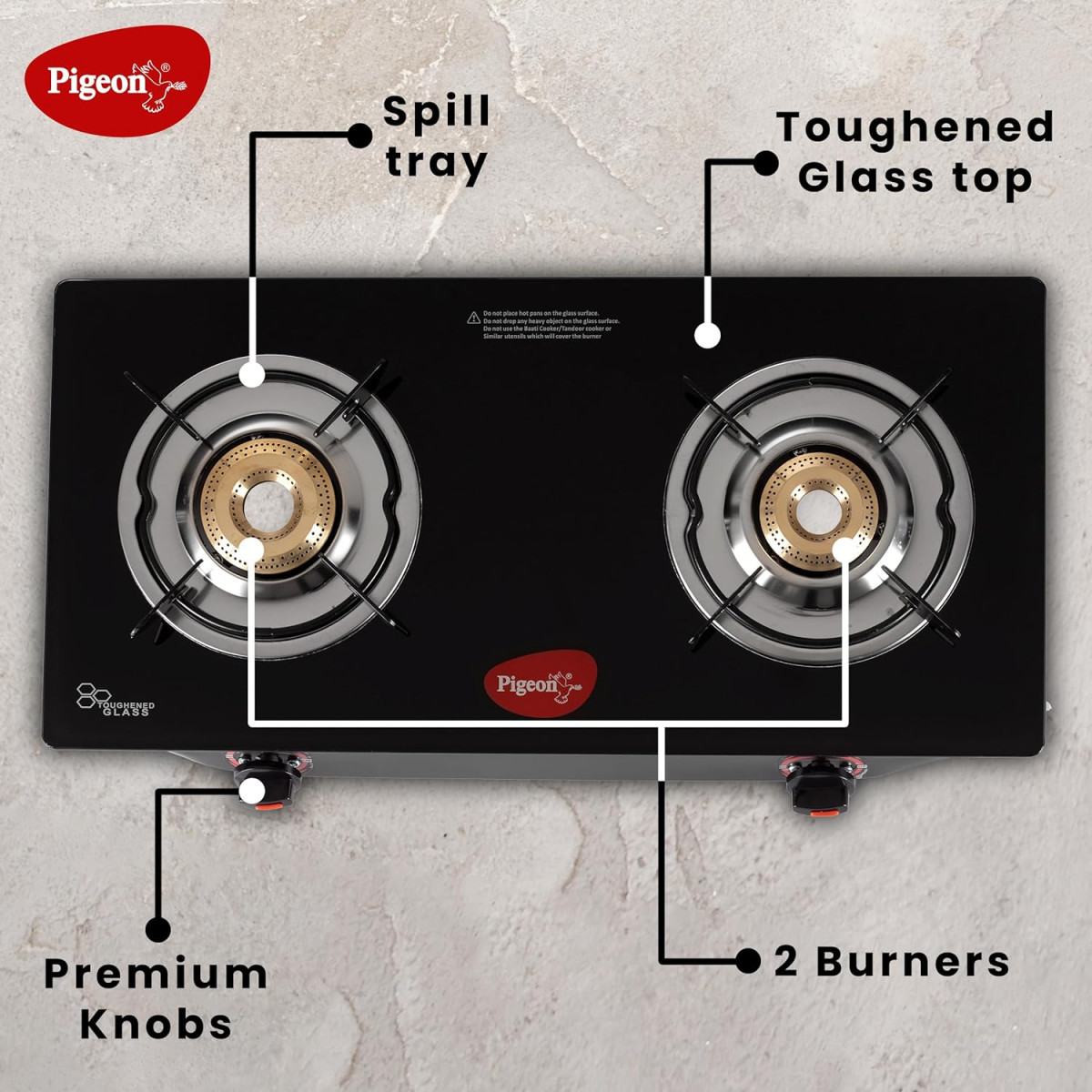 Pigeon Aster Gas Stove 2 Burner with High Powered Brass Burner Gas Cooktop with Glass Top and Powder Coated Body black standard 14266